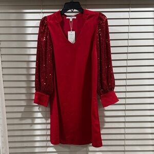 Red Sequin Balloon-Sleeve V-Neck Dress by Michelle McDowell